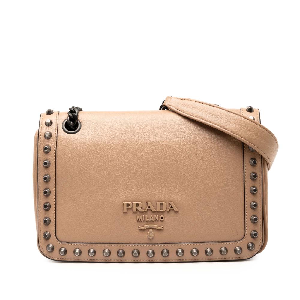 Prada B Prada Brown Beige Calf Leather Glace skin Studded Crossbody Italy