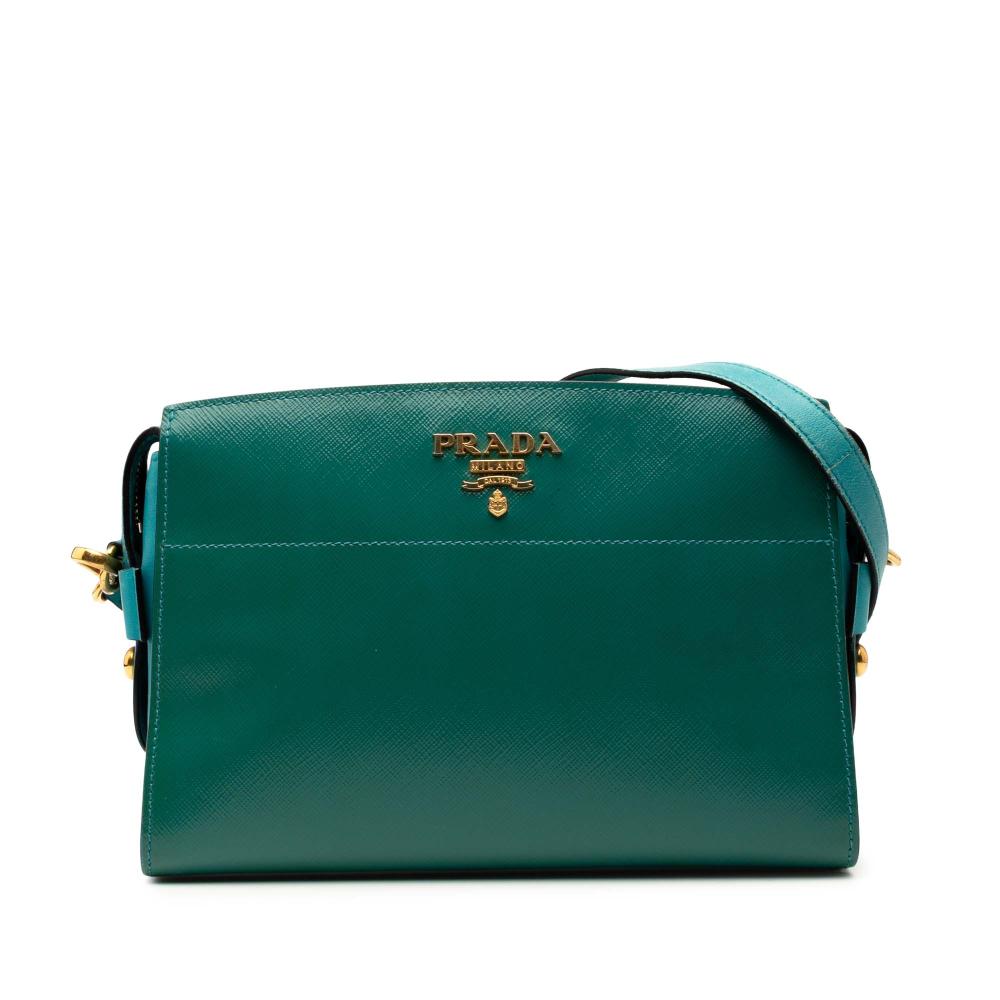 Prada B Prada Green with Blue Turquoise Saffiano Leather Bicolor Vernice Esplanade Crossbody Italy