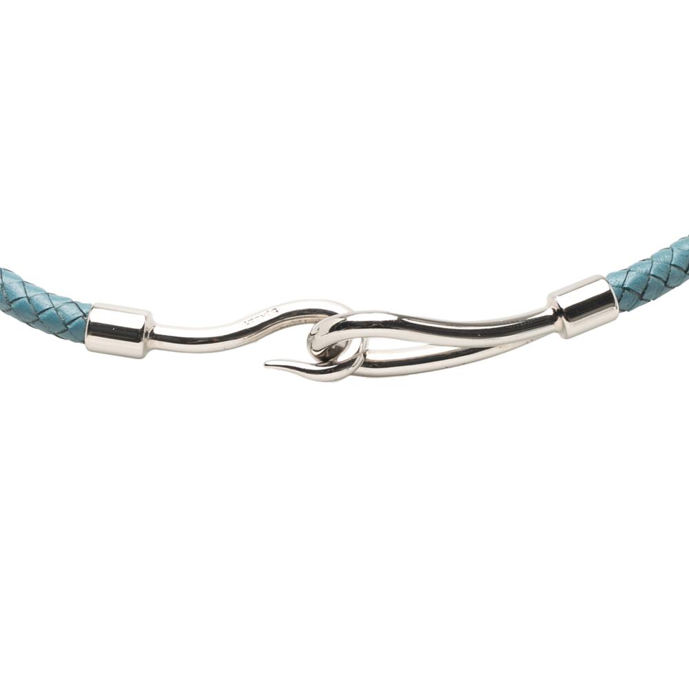Hermès B Hermès Blue Light Blue Calf Leather Woven and Palladium Plated Jumbo Hook Choker Necklace France