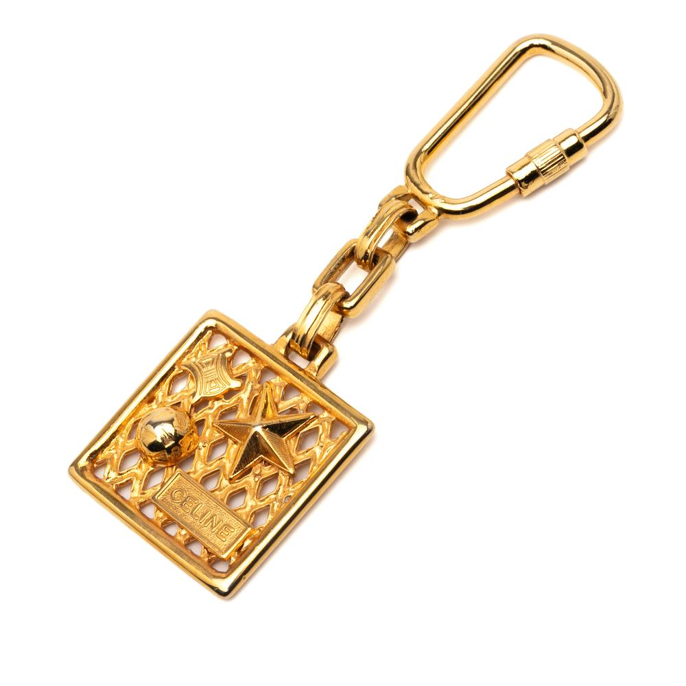 Celine B Celine Gold Gold Plated Metal Logo Star Square Key Ring Charm Italy