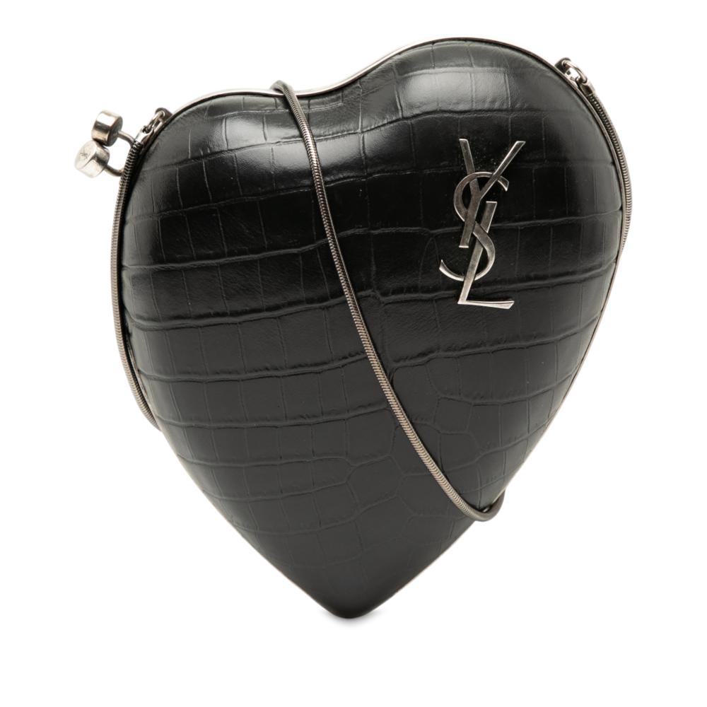 Saint Laurent AB Saint Laurent Black Calf Leather Crocodile Embossed skin Love Box Chain Clutch Italy