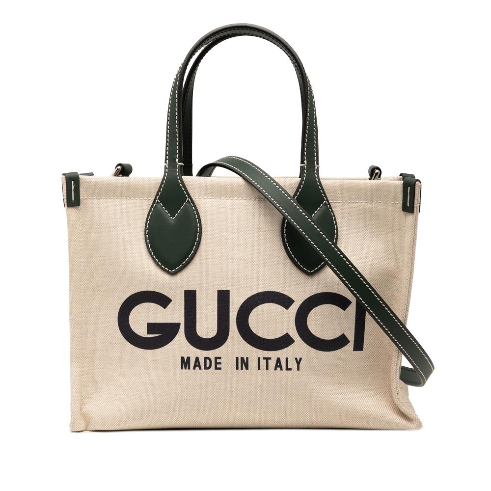 Gucci AB Gucci Brown Beige with Green Canvas Fabric Medium Logo Tote Italy