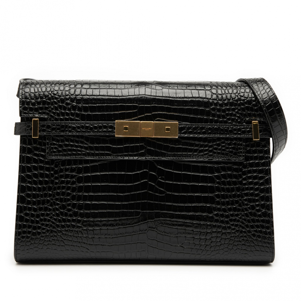 Saint Laurent Paris Manhattan Leather Crocodile-Embossed Flap Clutch Black