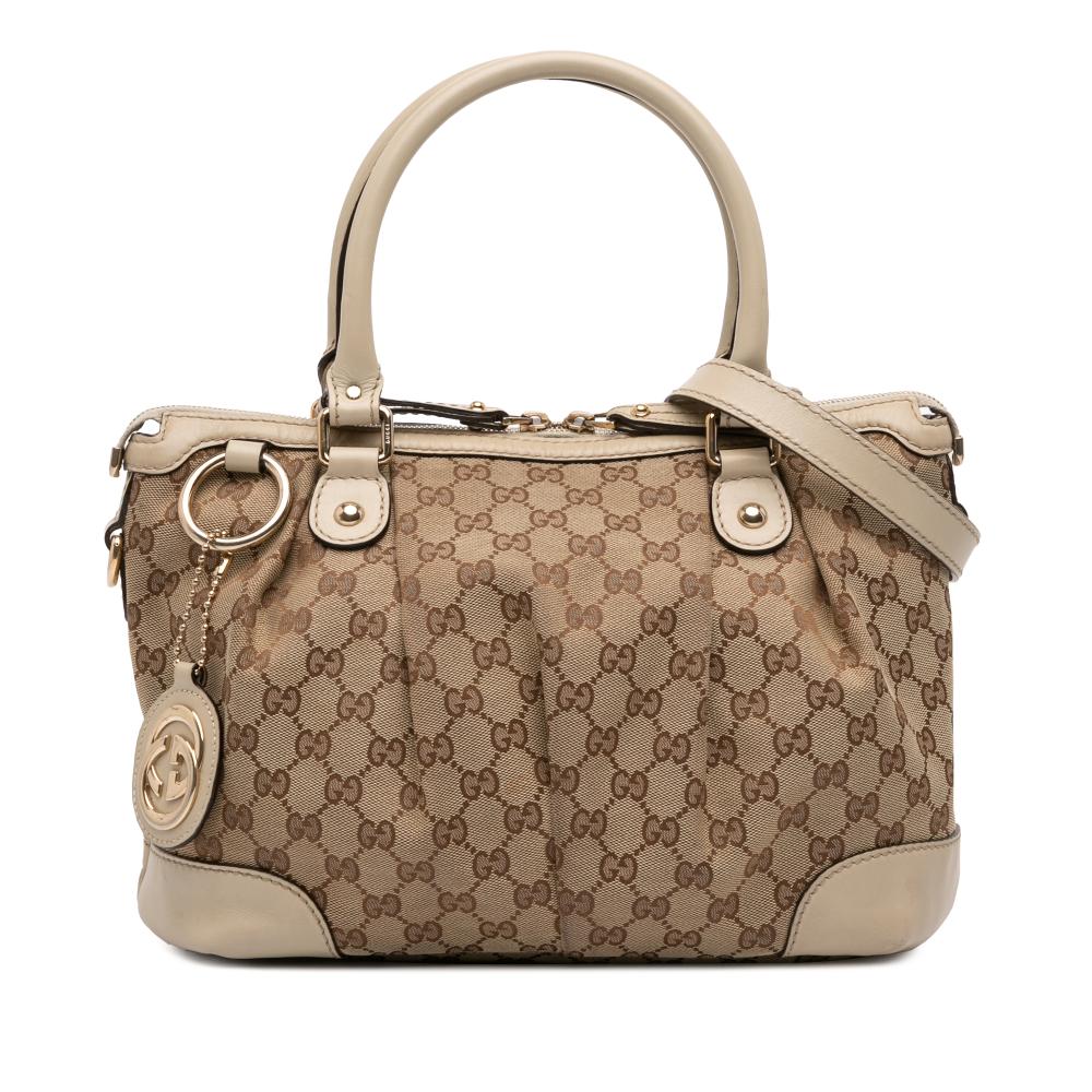 Gucci B Gucci Brown Beige Canvas Fabric GG Sukey Satchel Italy