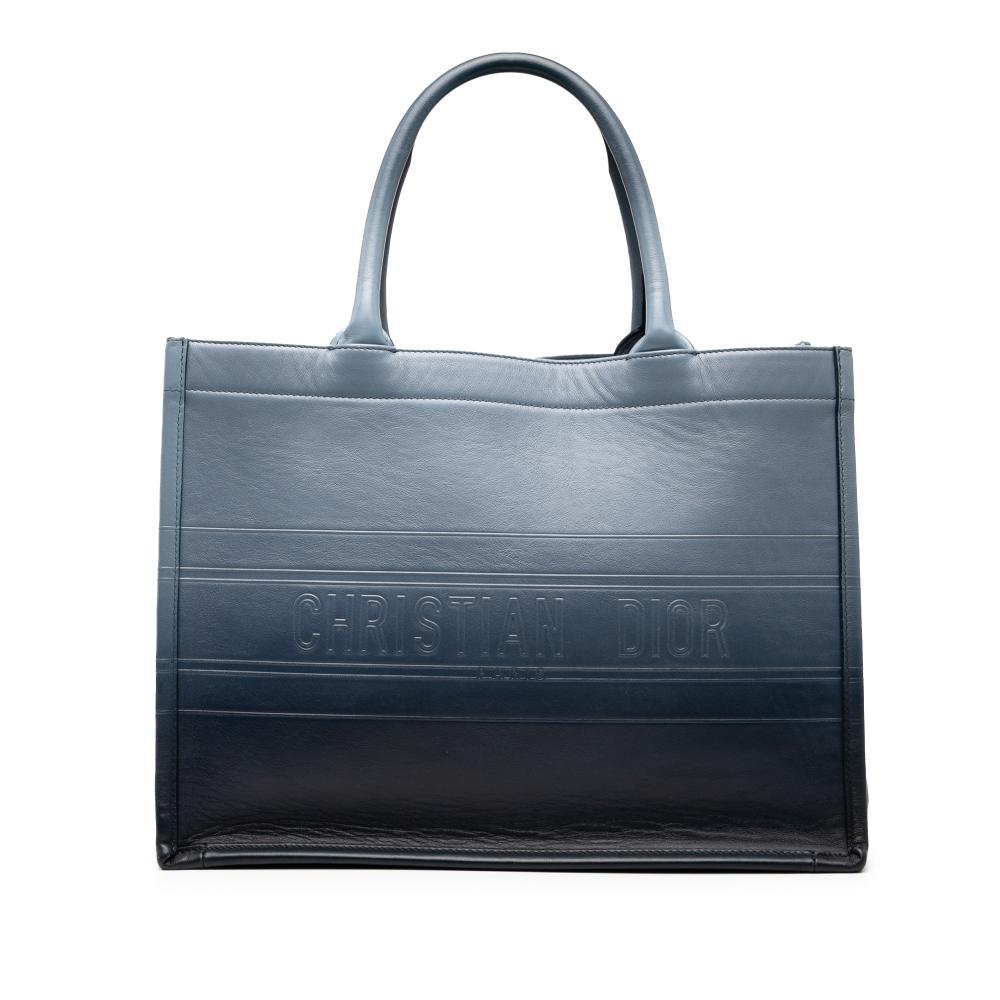 Christian Dior B Dior Blue Dark Blue Calf Leather Medium Ombre Embossed Book Tote Italy