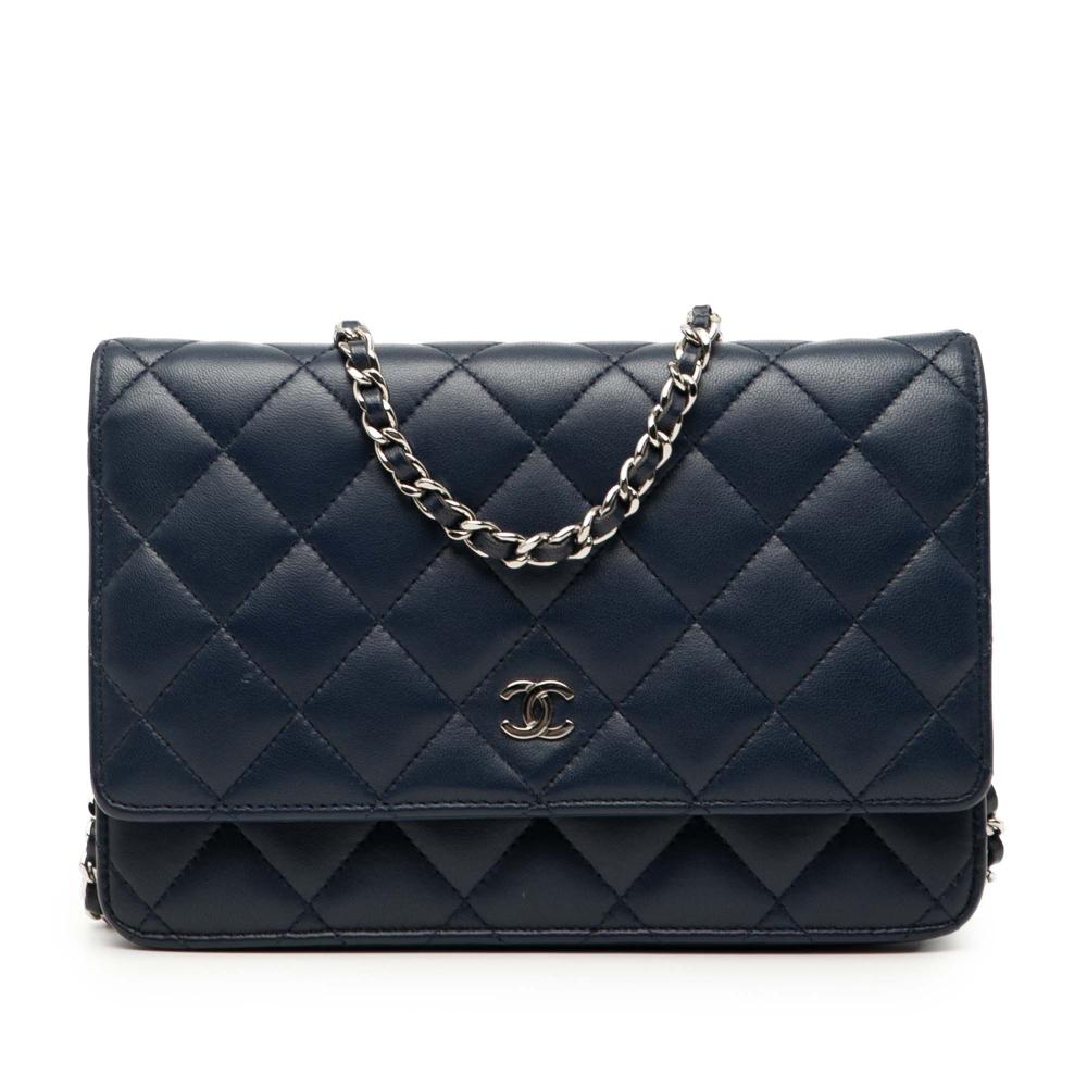 Chanel B Chanel Blue Navy Lambskin Leather Leather CC Quilted Lambskin Wallet On Chain France