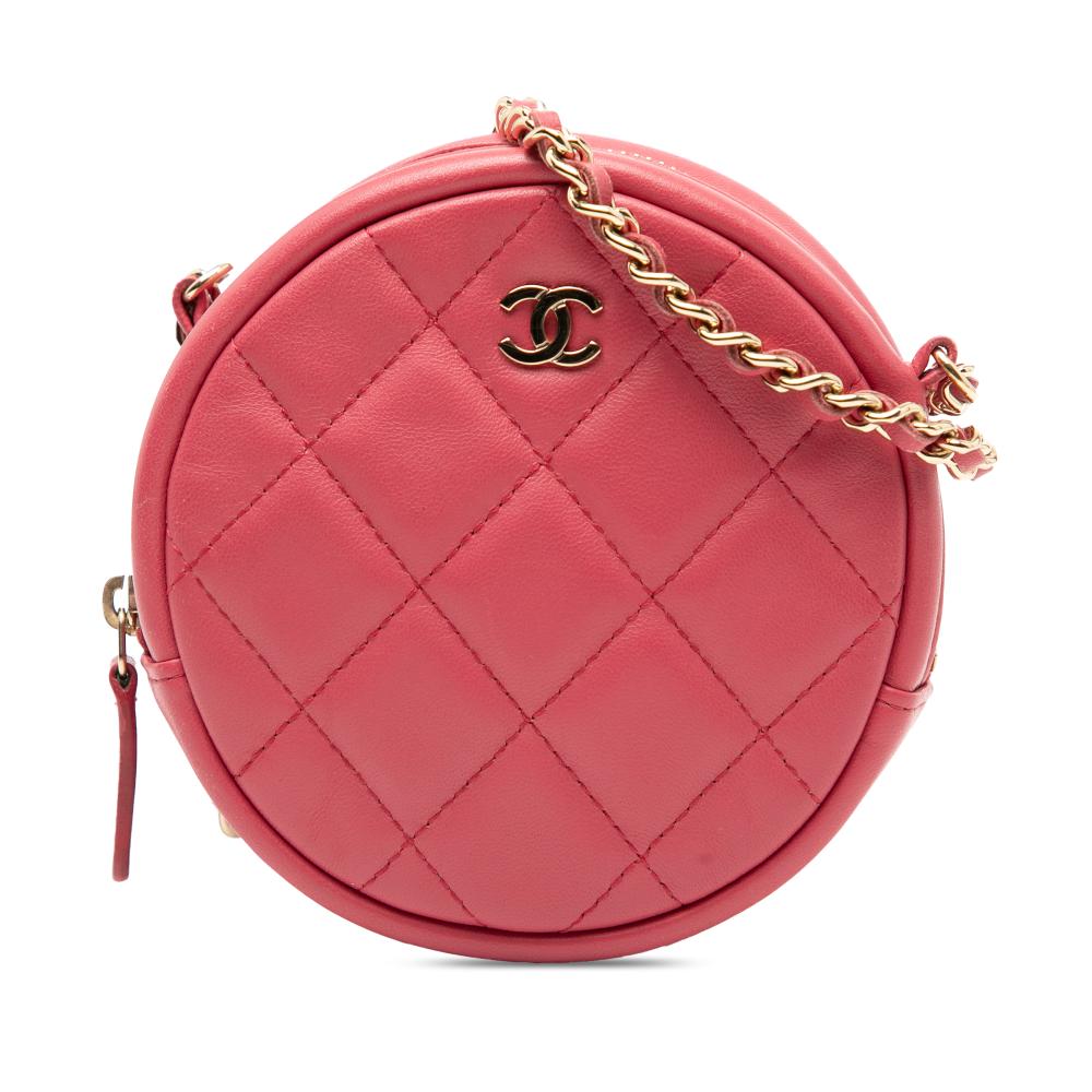 Chanel AB Chanel Pink Blush Lambskin Leather Leather CC Quilted Lambskin Round Clutch With Chain Italy