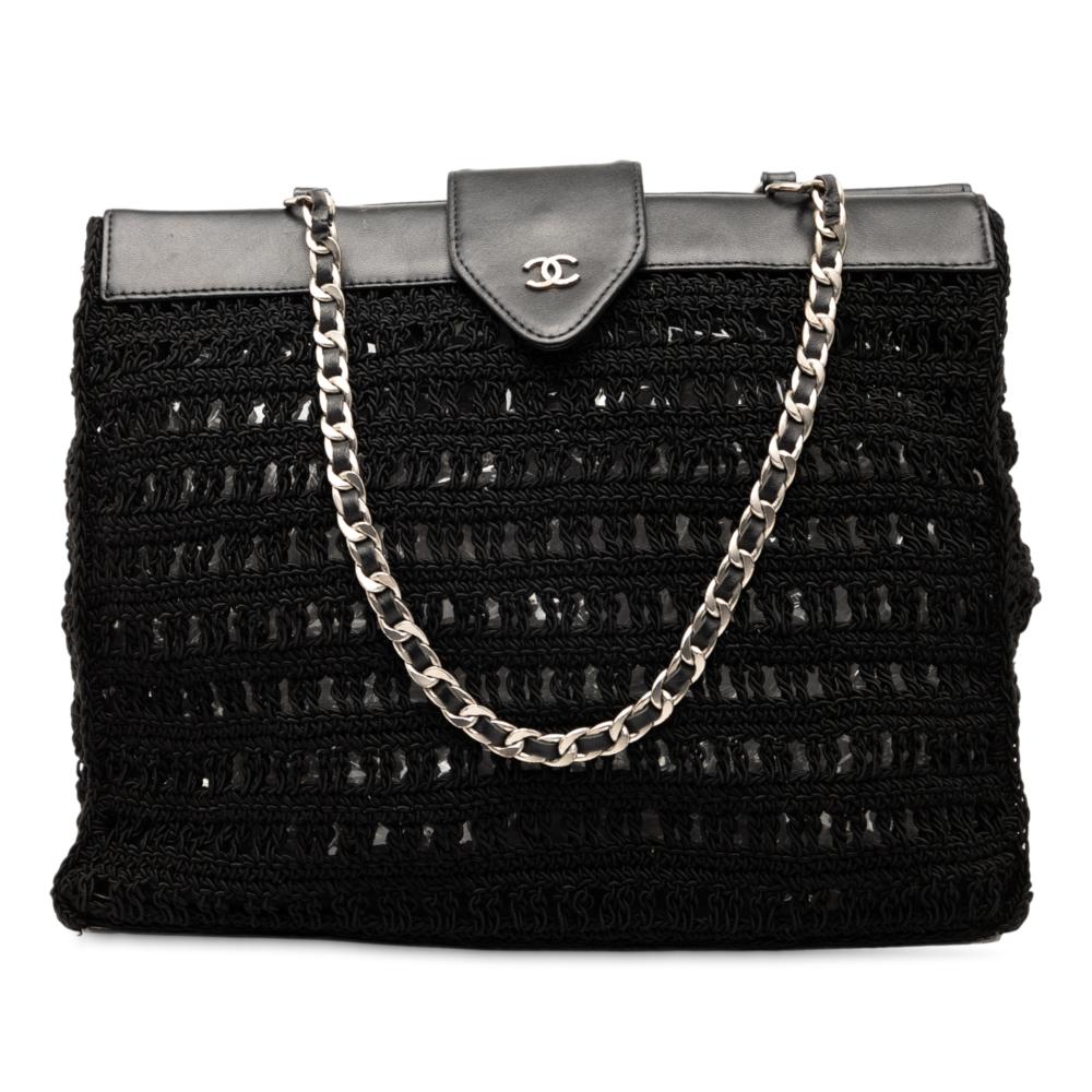 Chanel B Chanel Black Raffia Natural Material CC Crochet Chain Tote France