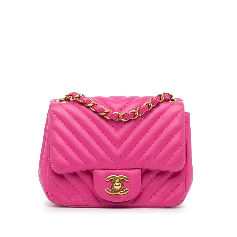 Chanel B Chanel Pink Lambskin Leather Leather Mini Square Classic Chevron Lambskin Single Flap Italy