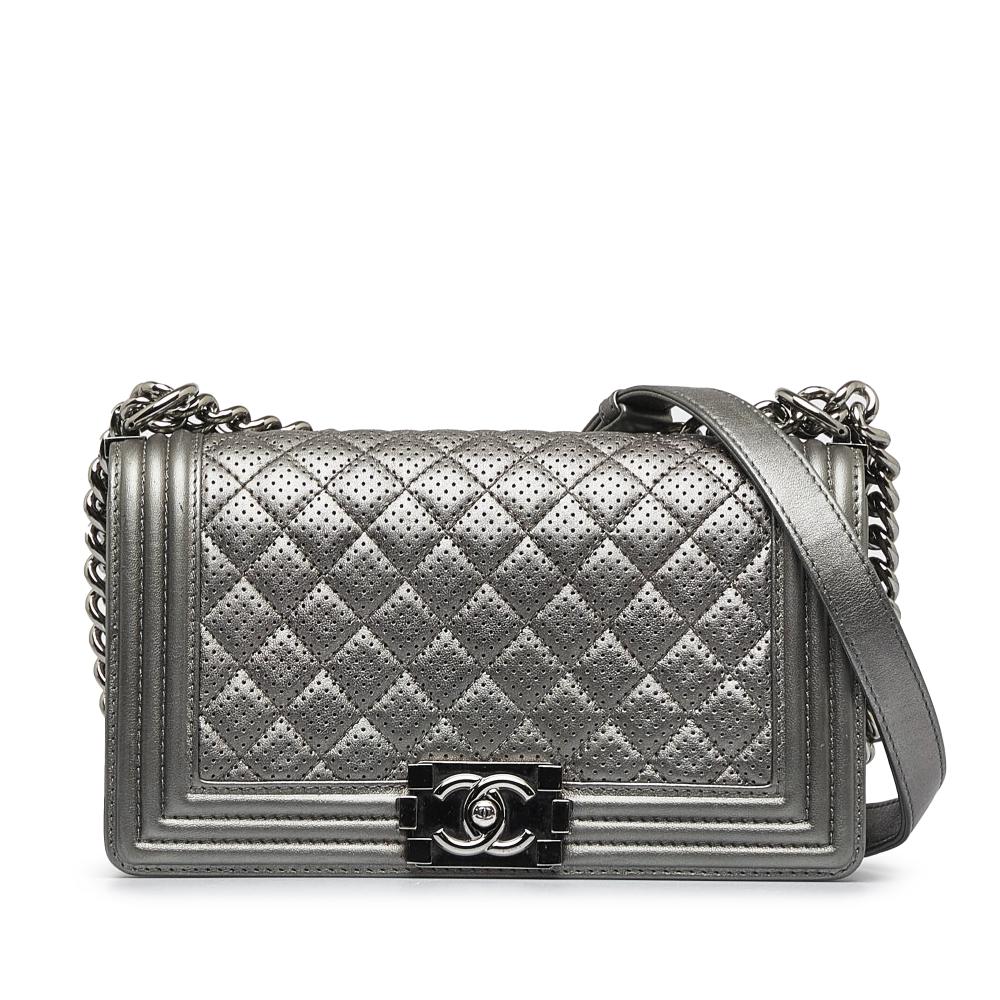 Chanel Gray Lambskin Leather Leather Old Medium Quilted Perforated Metallic Lambskin Boy Flap Italy