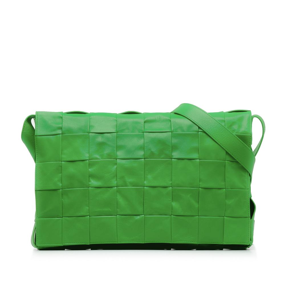 Bottega Veneta AB Bottega Veneta Green Calf Leather Maxi Paper skin Intrecciato Cassette Crossbody Italy