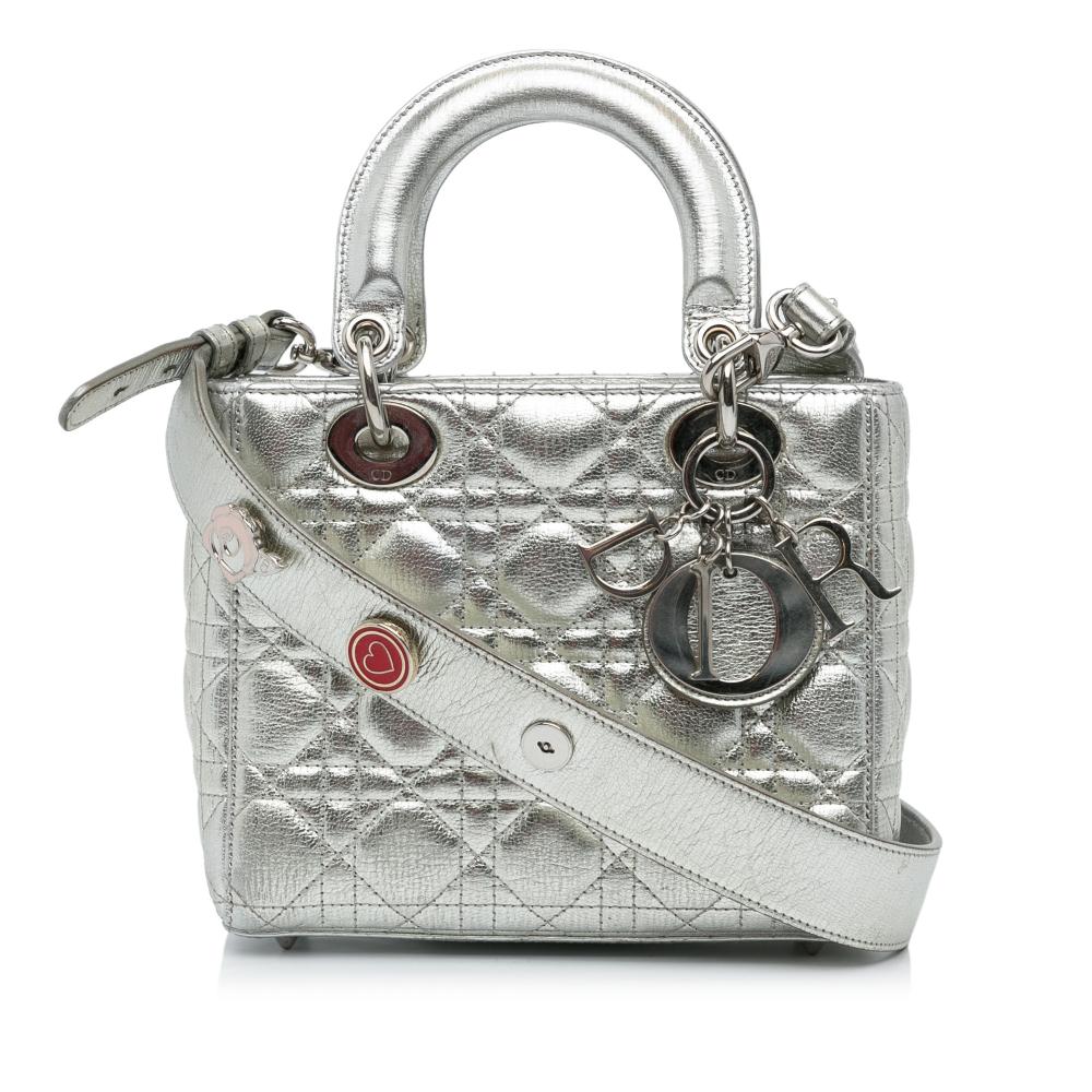 Christian Dior B Dior Silver Calf Leather Small Metallic Grained skin Cannage My ABCDior Lady Dior Italy