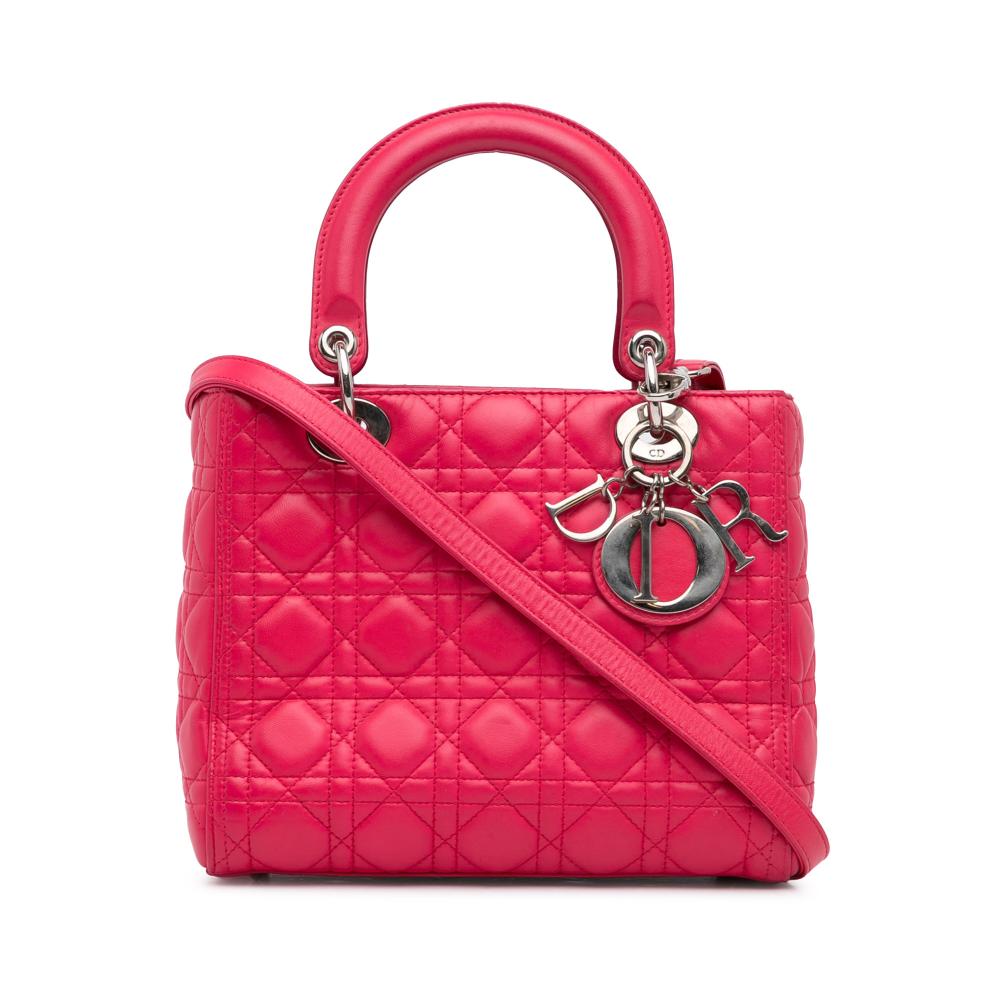 Christian Dior B Dior Pink Hot Pink Lambskin Leather Leather Medium Lambskin Cannage Lady Dior Italy