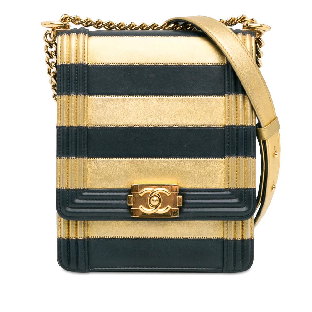Chanel Gold Paris New York Metallic Lambskin Striped North South Boy Flap Italy