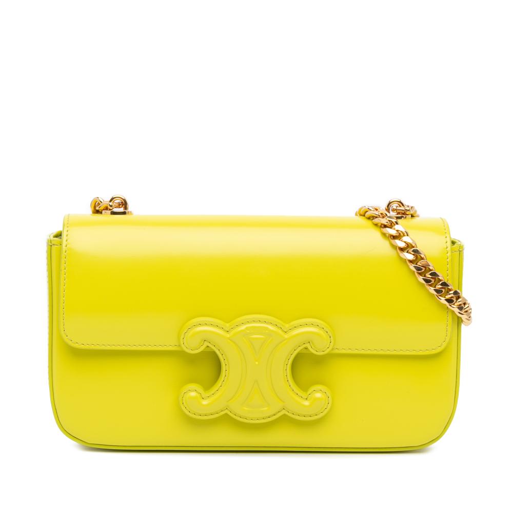 Celine B Celine Yellow Neon Yellow Calf Leather skin Cuir Triomphe Chain Shoulder Bag Italy