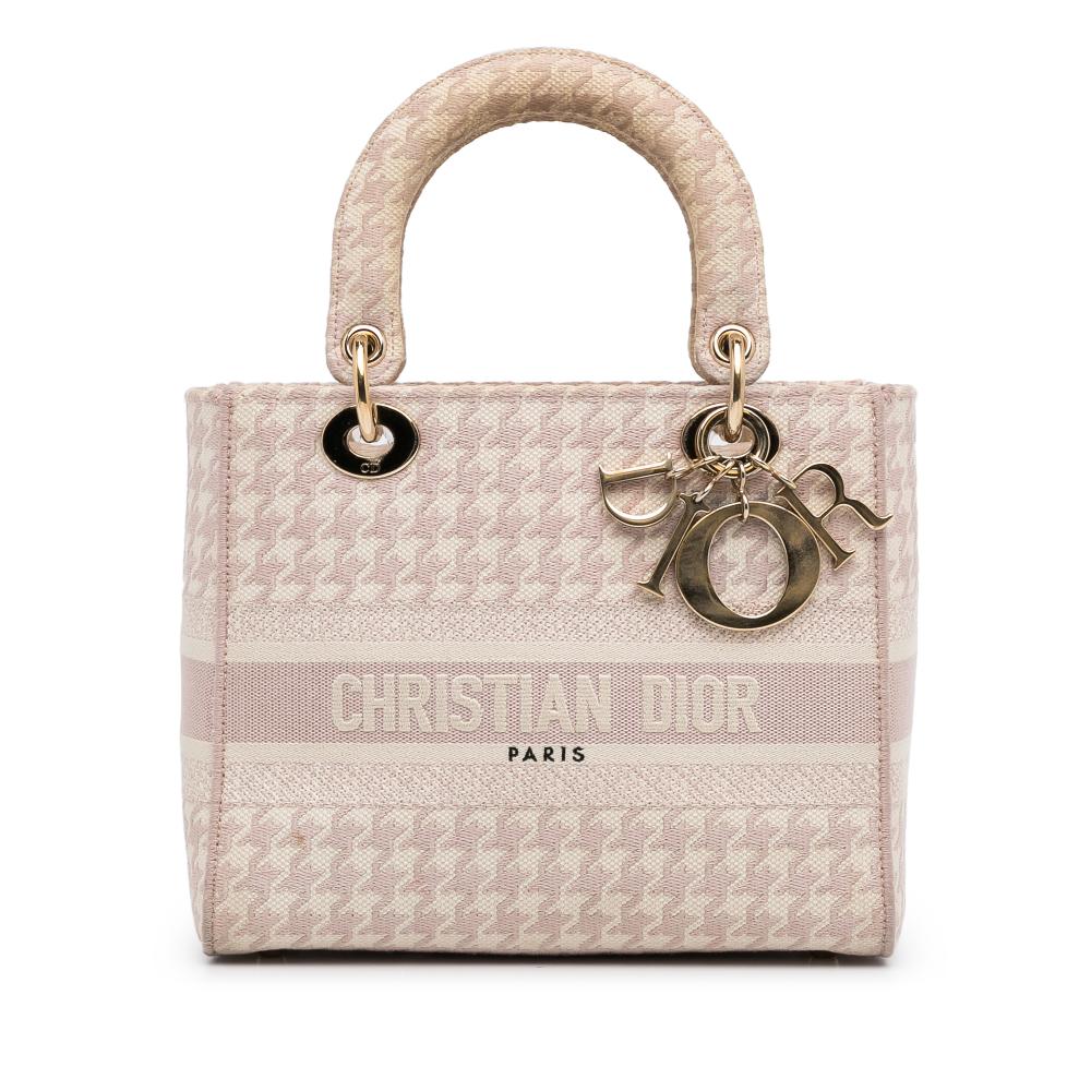 Christian Dior B Dior Pink Light Pink Canvas Fabric Medium Embroidered Houndstooth Lady D Lite Italy