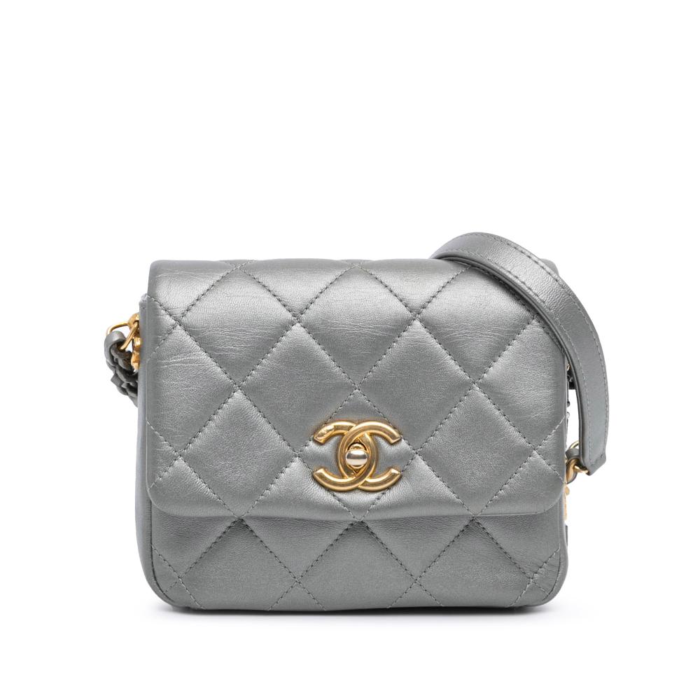 Chanel B Chanel Silver Lambskin Leather Leather Mini Quilted Lambskin Side Note Flap Italy