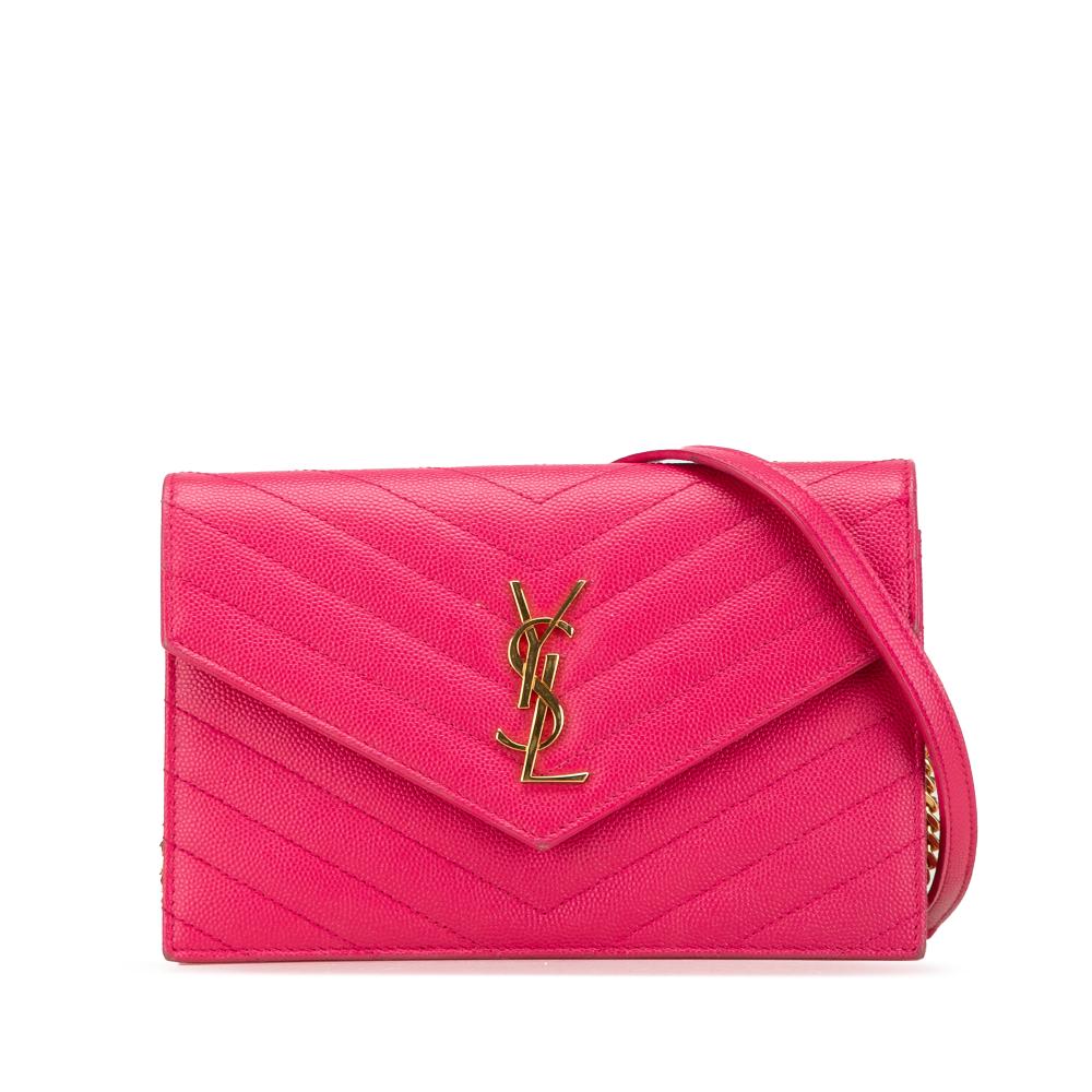Saint Laurent B Saint Laurent Pink Hot Pink Calf Leather Grain De Poudre Cassandre Envelope Chain Wallet Italy