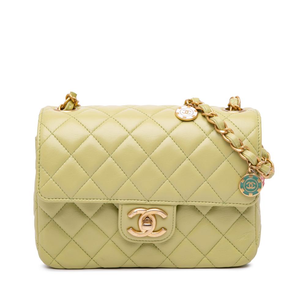 Chanel Green Mini Square Lambskin Casino Royale Charms Single Flap France