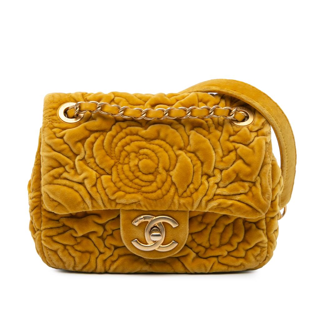 Chanel B Chanel Yellow Mustard Velvet Fabric Mini Square Camellia Embossed Flap Italy