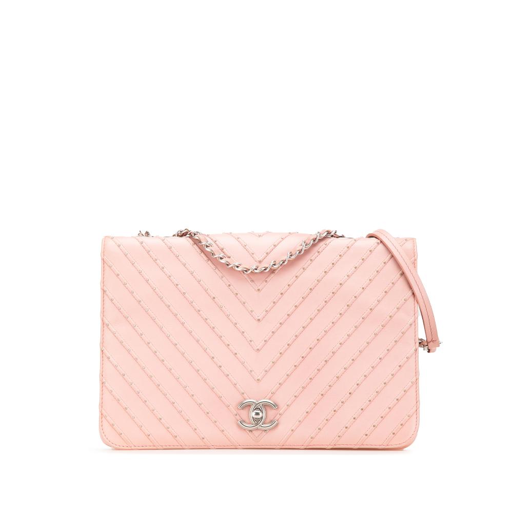 Chanel B Chanel Pink Light Pink Calf Leather Chevron skin Studded Full Flap Italy