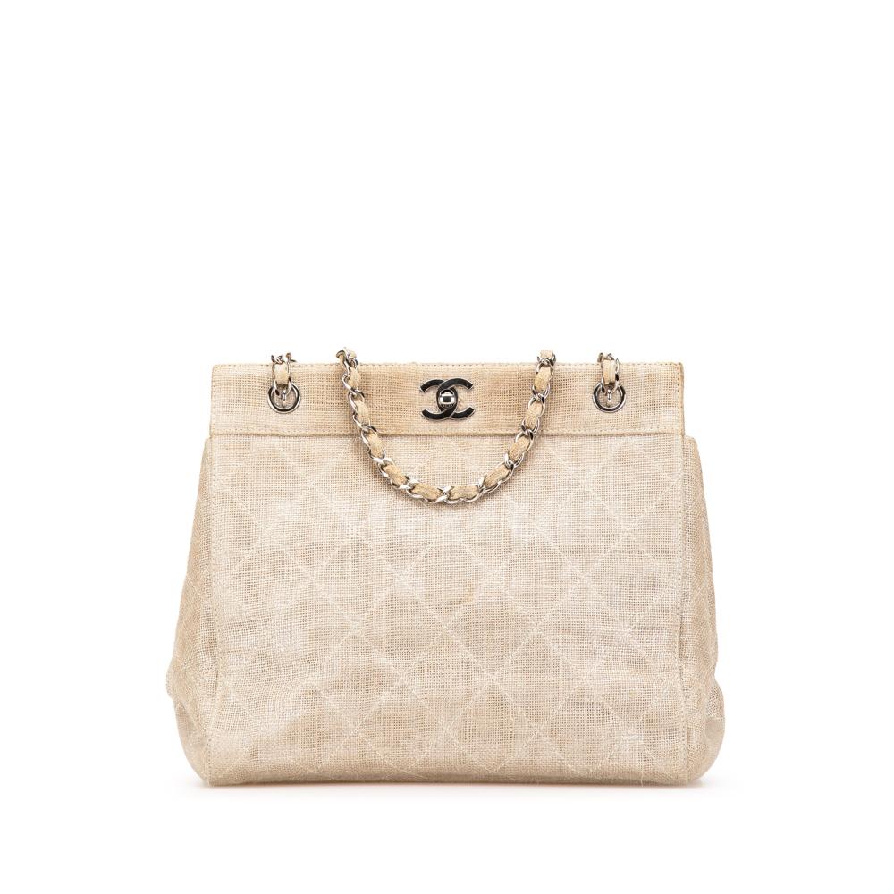 Chanel B Chanel Brown Beige Canvas Fabric CC Stitched Linen Chain Tote Italy