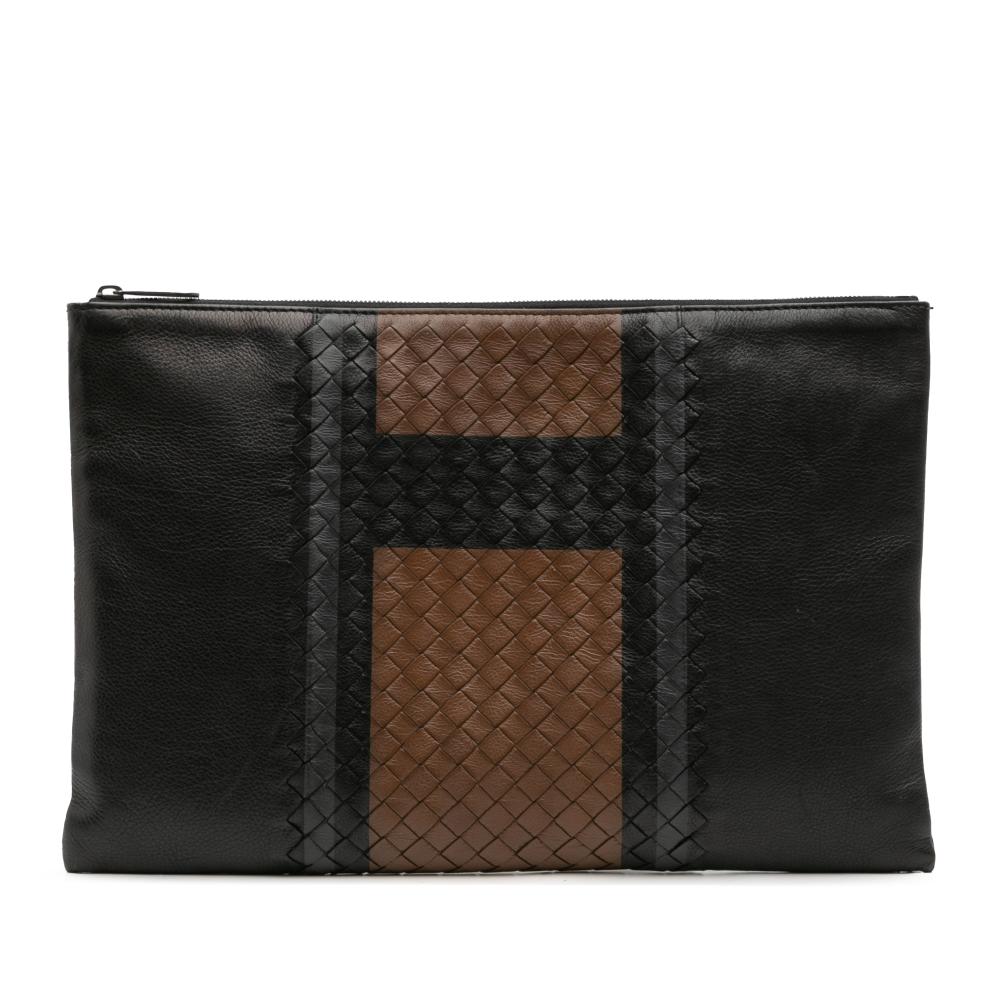 Bottega Veneta AB Bottega Veneta Black Calf Leather Intrecciato Trimmed Clutch Italy