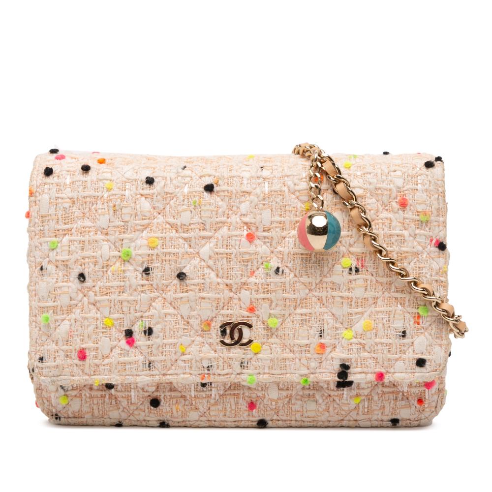 Chanel Brown Light Beige Tweed Fabric CC Quilted Candy Cotton and Beach Ball Wallet On Chain Italy