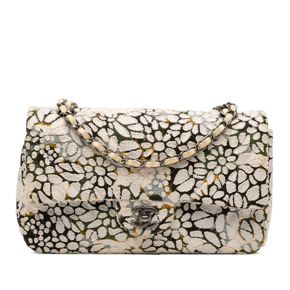 Chanel B Chanel White Ivory Tweed Fabric Medium Classic Chevron Floral Double Flap France