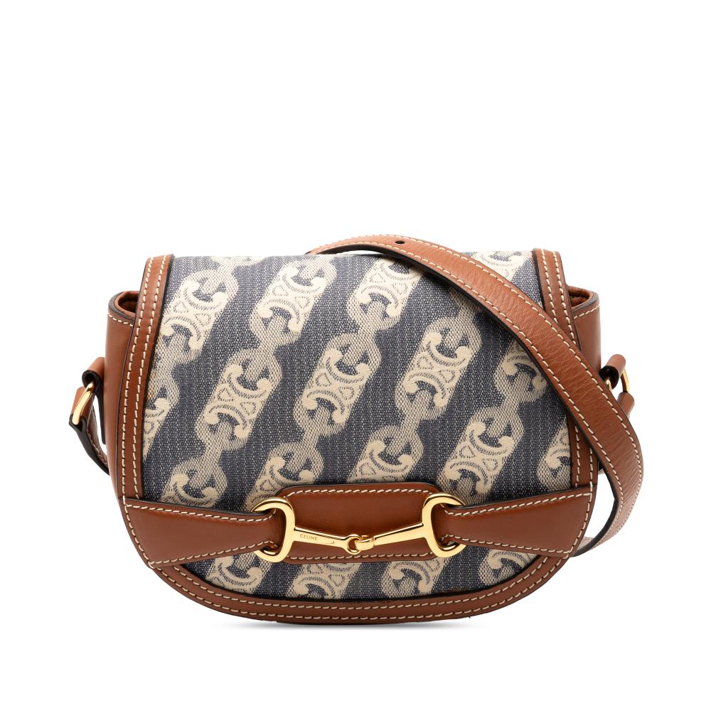 Celine AB Celine Blue with Brown Jacquard Fabric Small Maillon Triomphe and Calfskin Crecy Crossbody Italy