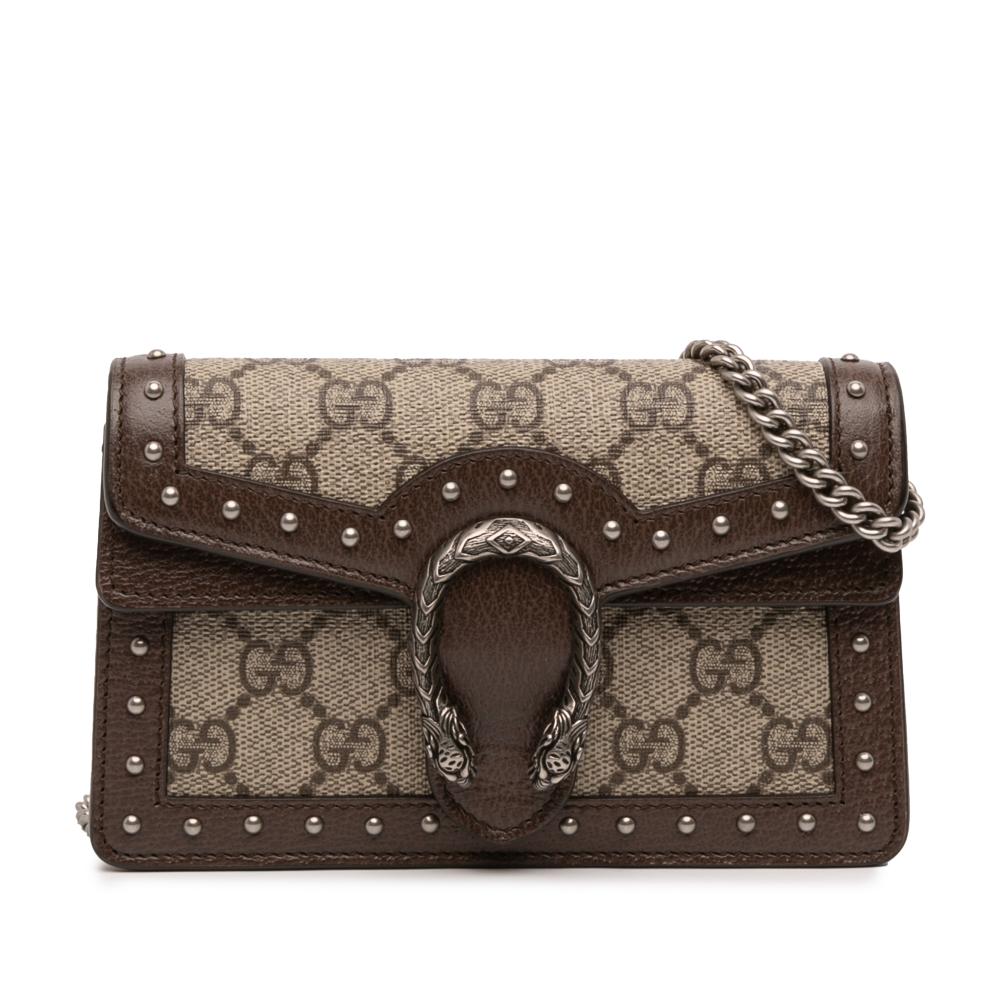 Gucci AB Gucci Brown Beige Coated Canvas Fabric Mini GG Supreme Studs Dionysus Crossbody Italy