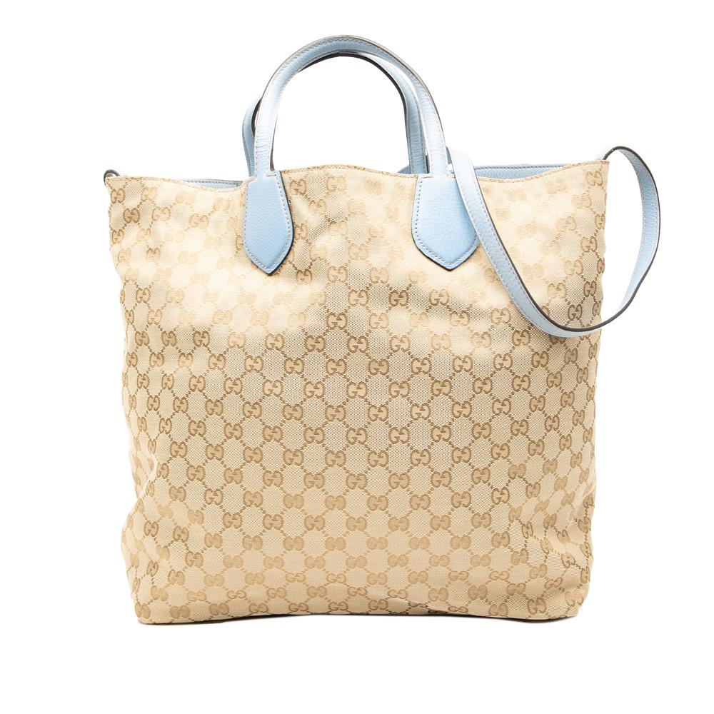 Gucci B Gucci Brown Beige with Blue Light Blue Canvas Fabric GG Reversible Tote Italy