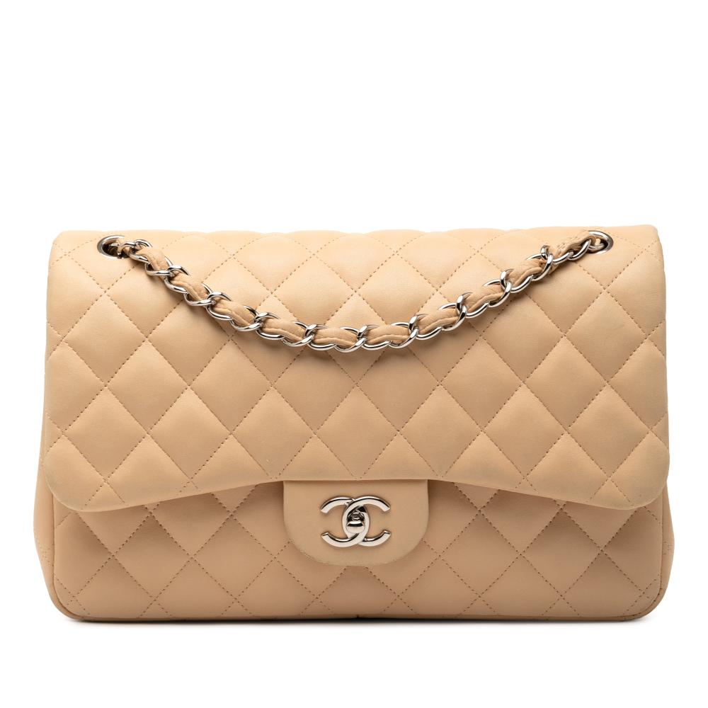 Chanel B Chanel Brown Beige Lambskin Leather Leather Jumbo Classic Lambskin Double Flap Italy