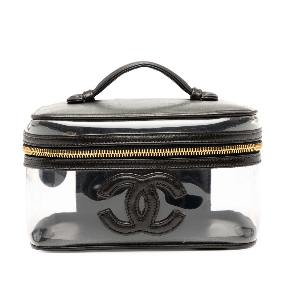Chanel B Chanel White with Black PVC Plastic CC Vinyl and Calfskin Vanity Case Italy