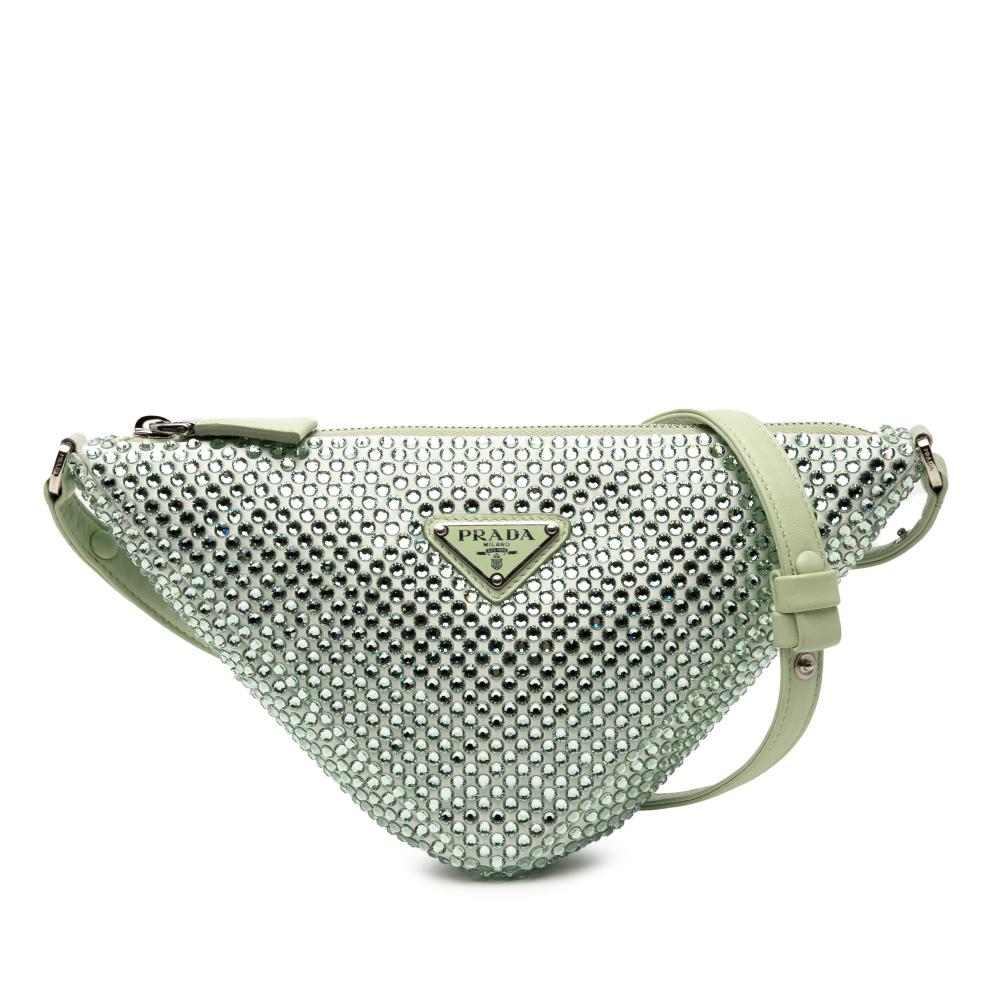 Prada AB Prada Green Mint Satin Fabric Crystal Embellished Triangle Pouch Italy