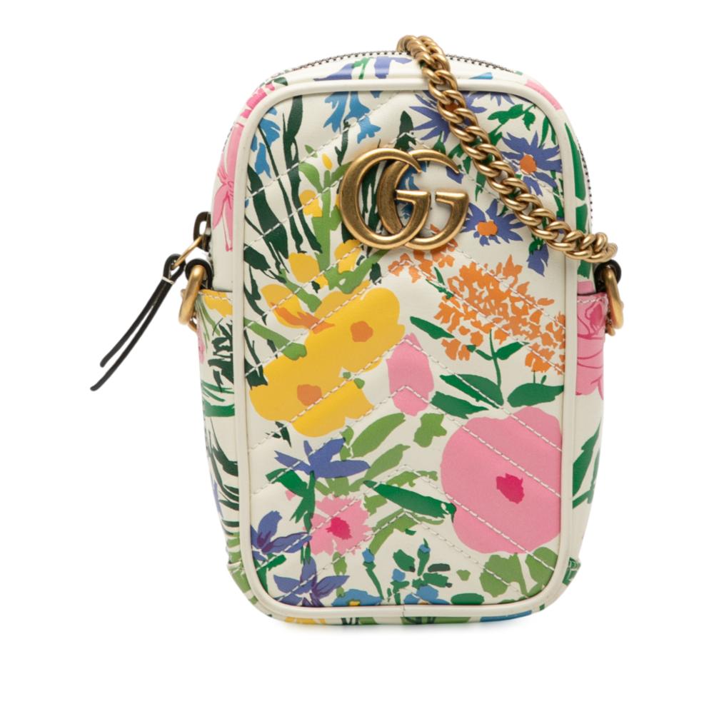 Gucci AB Gucci White Calf Leather Mini GG Marmont Floral Printed Matelasse Crossbody Italy