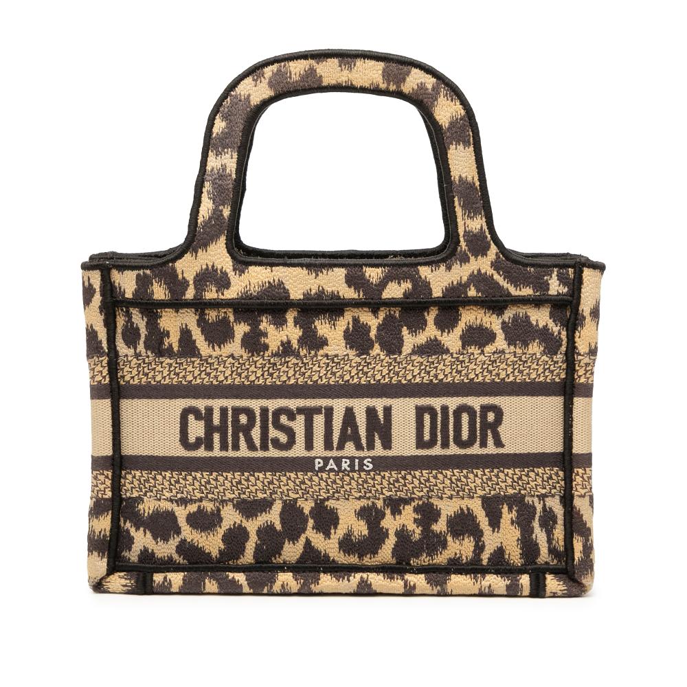 Christian Dior AB Dior Brown Canvas Fabric Mizza Mini Embroidered Leopard Book Tote Italy