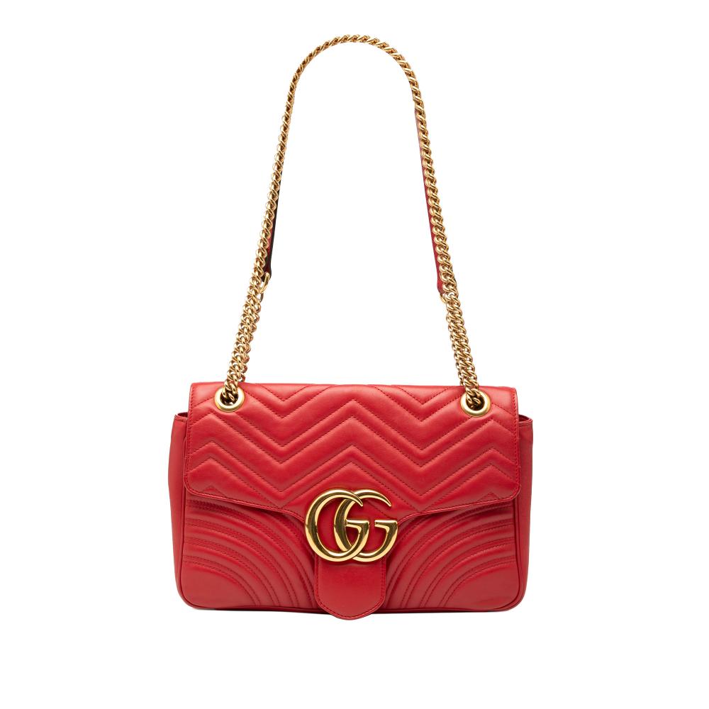Gucci B Gucci Red Calf Leather Large GG Marmont Matelasse Shoulder Bag Italy