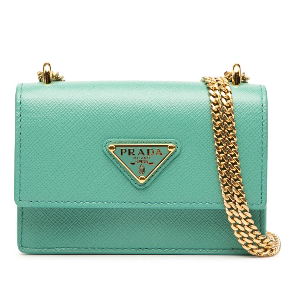 Prada AB Prada Blue Turquoise Saffiano Leather Lux Card Holder on Chain Italy