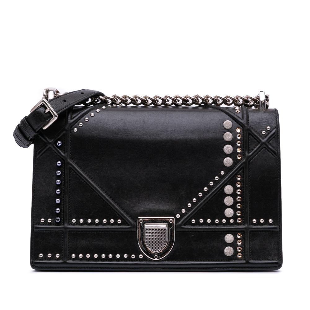 Christian Dior B Dior Black Lambskin Leather Leather Medium Studded Lambskin Diorama Flap Italy