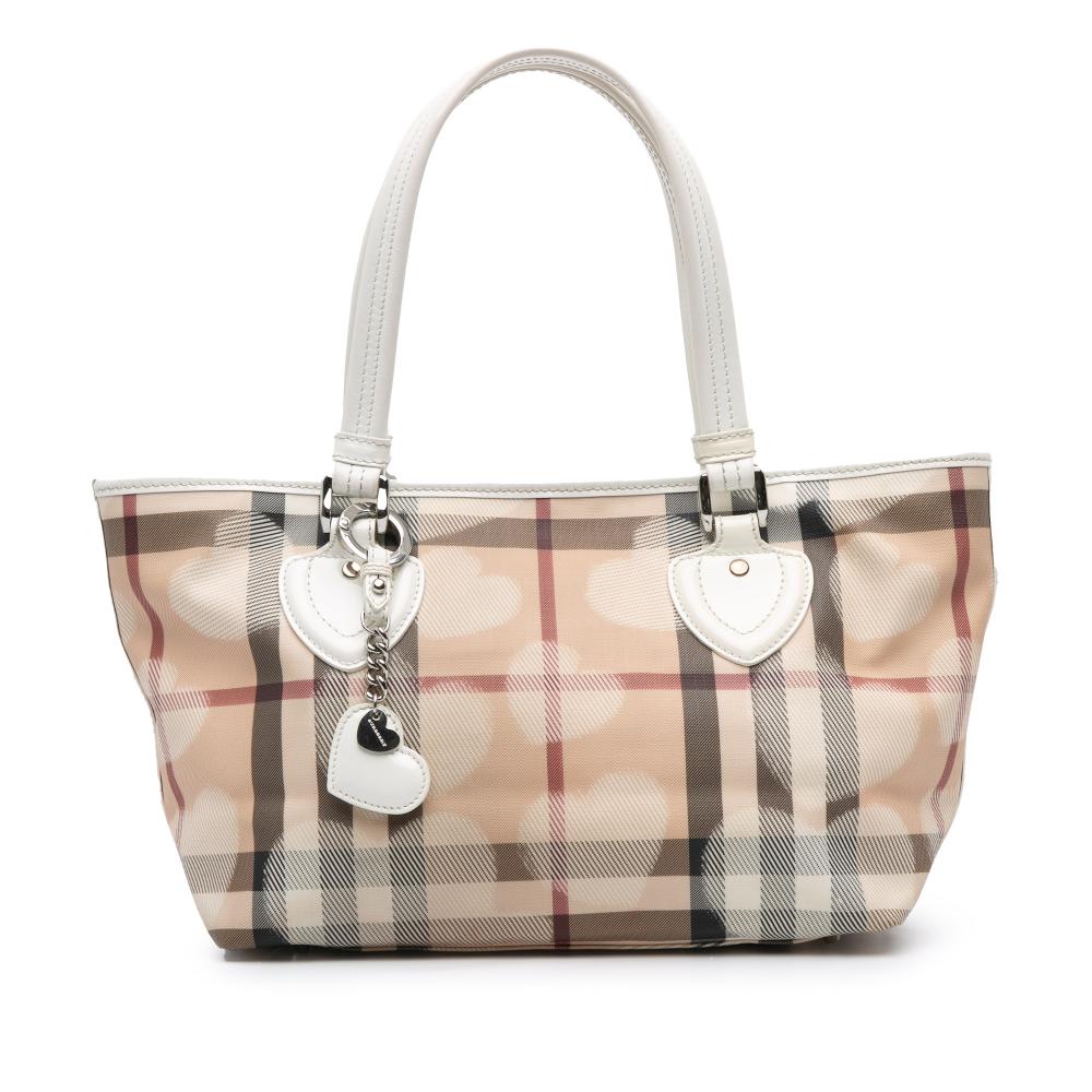 Burberry B Burberry Brown Beige with White Coated Canvas Fabric House Check Hearts Gracie Tote Italy