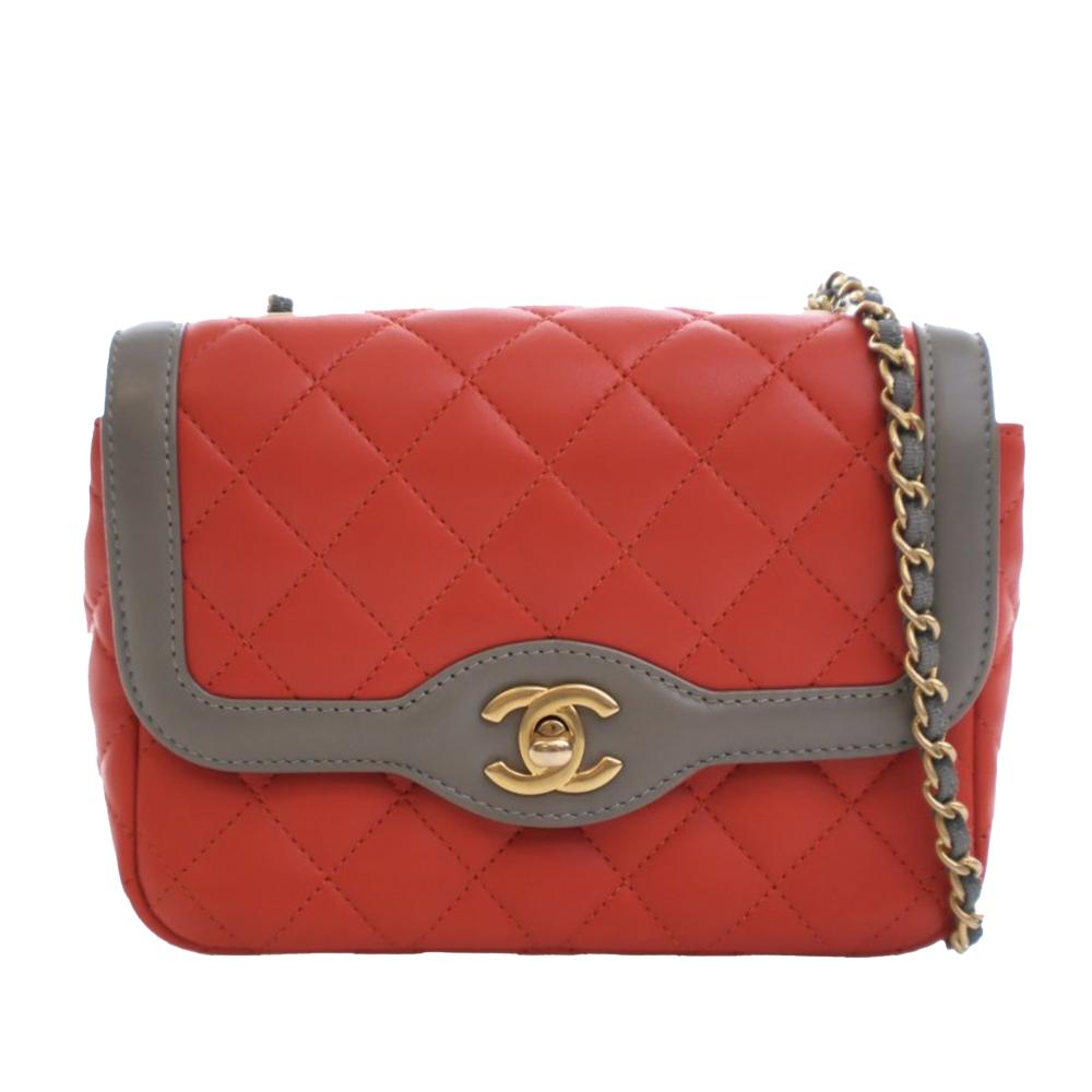 Chanel AB Chanel Red with Gray Lambskin Leather Leather Mini Quilted Lambskin Two Tone Day Flap Italy