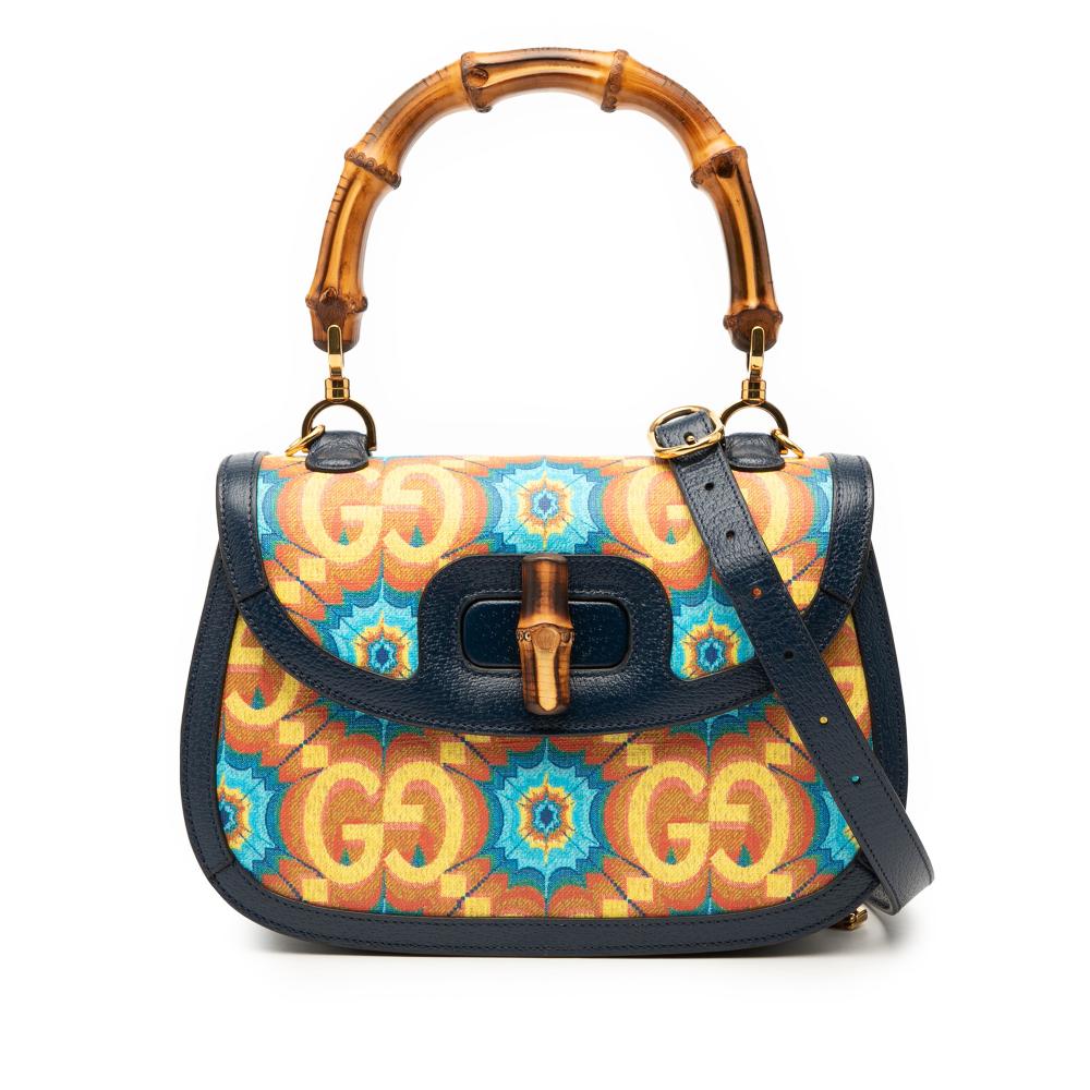 Gucci Blue 100th Anniversary Medium GG Coated Canvas Kaleidoscope 1947 Bamboo Top Handle Bag Italy