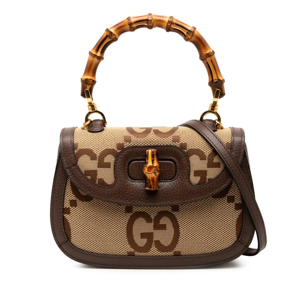 Gucci AB Gucci Brown Beige Canvas Fabric Small Jumbo GG Bamboo 1947 Top Handle Bag Italy