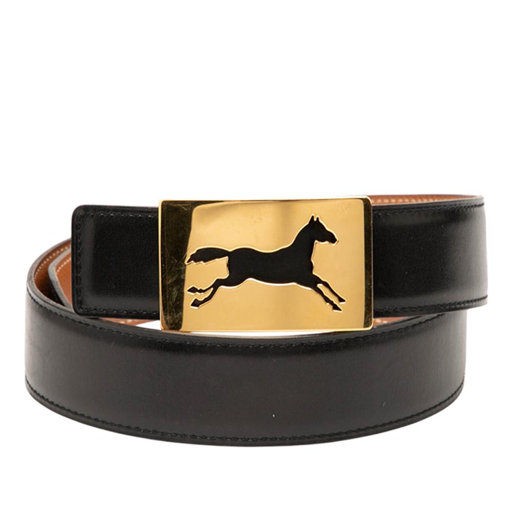 Hermès B Hermès Black Calf Leather Box Horse Buckle Belt France