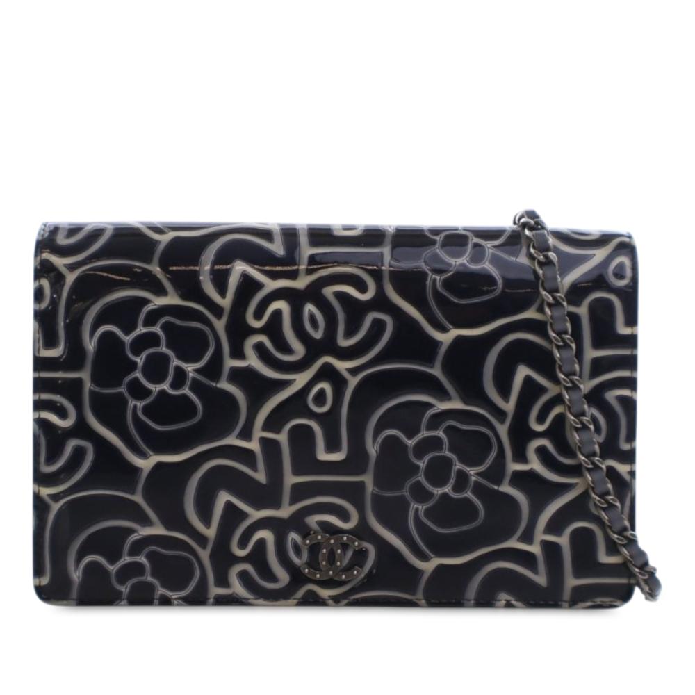 Chanel AB Chanel Blue Navy Patent Leather Leather CC Embossed Patent Camellia Wallet On Chain Italy