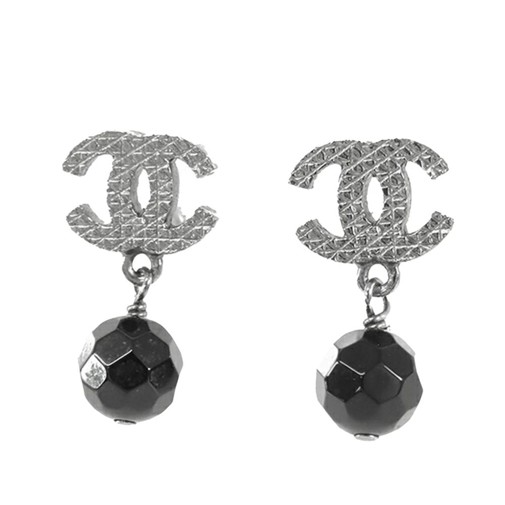 Chanel AB Chanel Silver with Black Silver Plated Metal CC Bead Drop Push Back Earrings France
