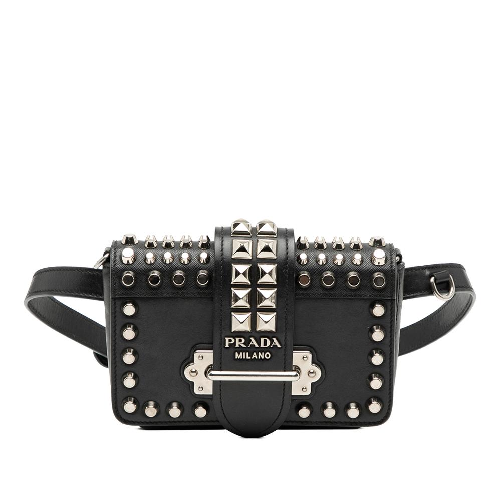 Prada B Prada Black Calf Leather Studded City and Saffiano Cahier Belt Bag Italy