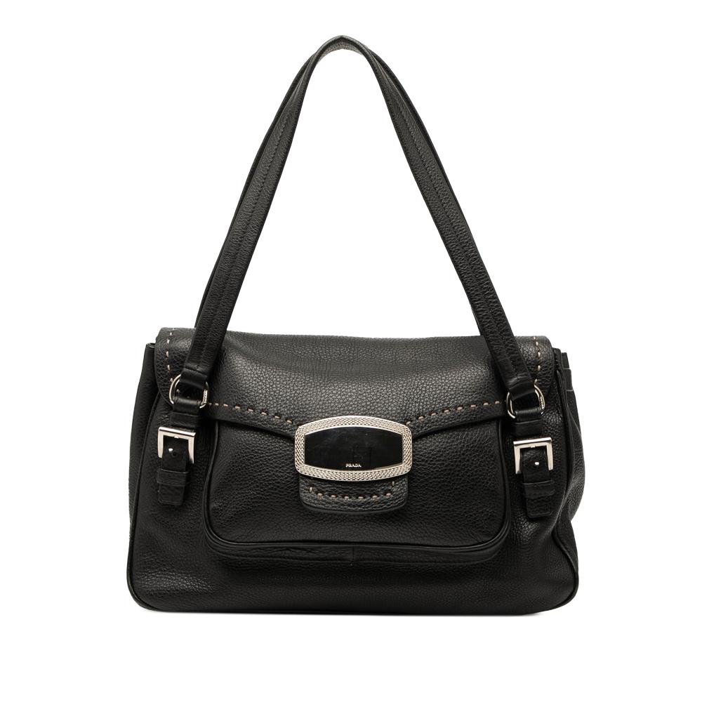 Prada B Prada Black Calf Leather Vitello Daino Pushlock Flap Italy