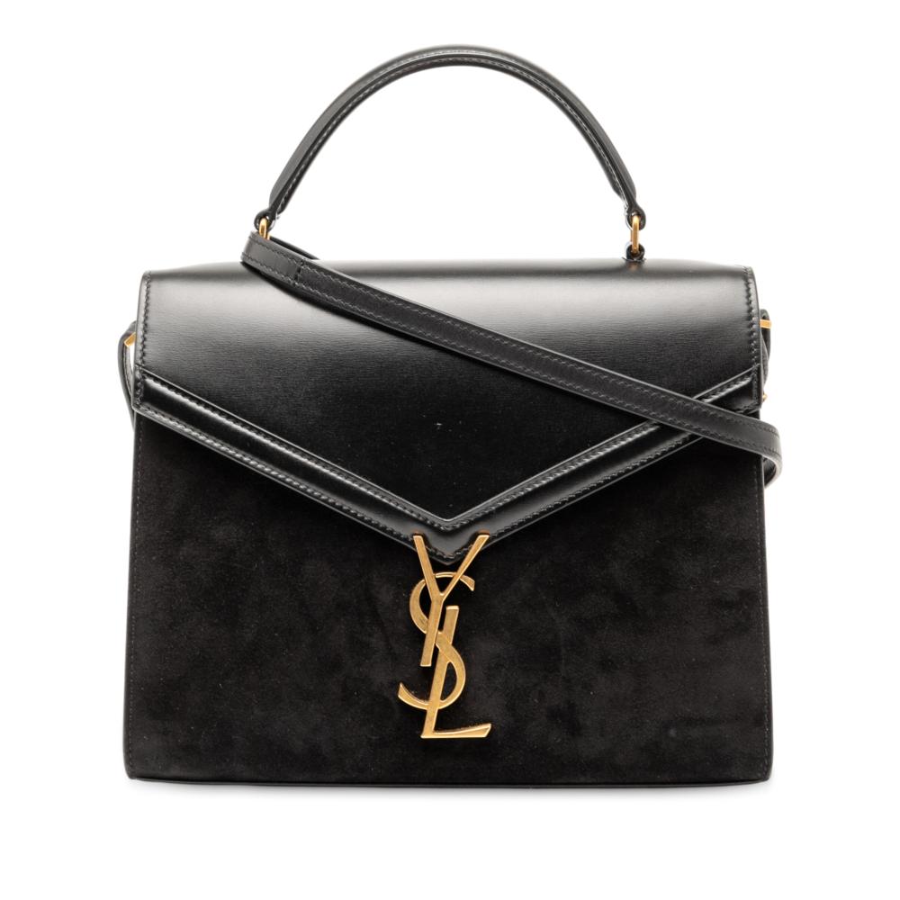 Saint Laurent Black Medium Calfskin and Suede Classic Monogram Cassandra Top Handle Bag Italy